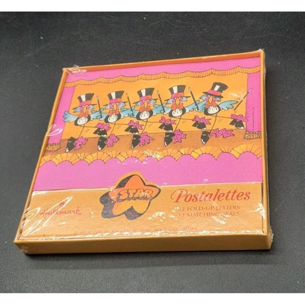 Vintage Hallmark Notecards Dancing Birds Theater Stage Dance Top Hat Cane 12